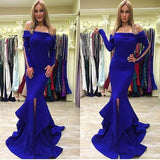 Sexy Long Sleeves Mermaid Royal Blue Slit Prom Dress