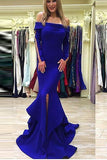 Sexy Long Sleeves Mermaid Royal Blue Slit Prom Dress