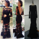 Long Sleeves Mermaid Backless Black Lace Prom Dresses