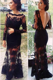 Long Sleeves Mermaid Backless Black Lace Prom Dresses