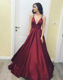 Spaghetti Straps V Neck Burgundy Satin Prom Dresses Evening Dress Party Gown