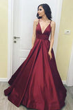 Spaghetti Straps V Neck Burgundy Satin Prom Dresses Evening Dress Party Gown