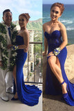 Mermaid Royal Blue Sweetheart Slit Lace Prom Dresses