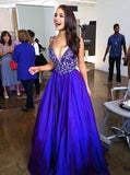 V Neck Straps Royal Blue Long Prom Dress