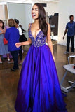 V Neck Straps Royal Blue Long Prom Dress