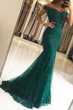 Off the Shoulder Green Mermaid Beads Lace Prom Dresses