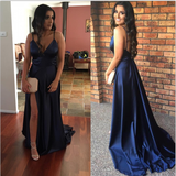 Elegant Open Back Navy Blue Slit Straps Prom Dresses Party Gowns