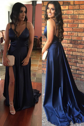 Elegant Open Back Navy Blue Slit Straps Prom Dresses Party Gowns