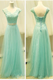 Mint V Neck Lace Tulle Bridesmaid Dress Prom Dresses
