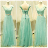 Mint V Neck Lace Tulle Bridesmaid Dress Prom Dresses