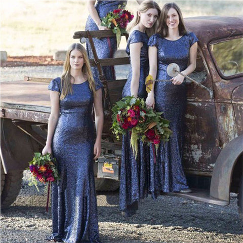 Navy Blue Sequin Mermaid Cap Sleeves Long Bridesmaid Dresses