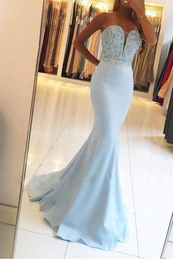 Light Blue Mermaid Sweetheart Beads Prom Dresses