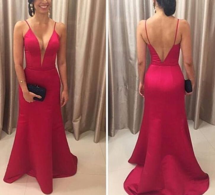 Deep V Neck Mermaid Red Backless Straps Prom Dress Evening Gowns