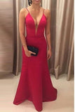 Deep V Neck Mermaid Red Backless Straps Prom Dress Evening Gowns