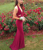 Halter V Neck Mermaid Long Burgundy Prom Dress Evening Party Gown