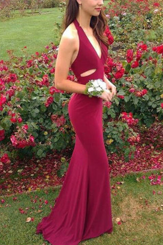 Halter V Neck Mermaid Long Burgundy Prom Dress Evening Party Gown