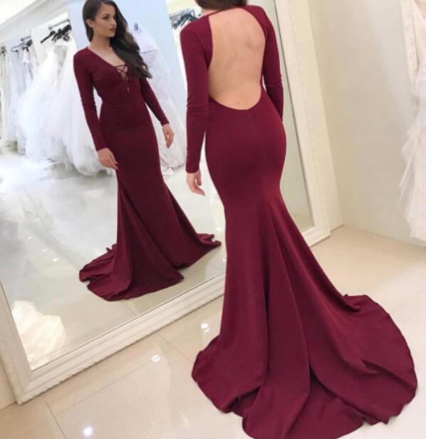 Elegant V Neck Mermaid Burgundy Long Sleeves Prom Dresses Evening Party Dress