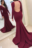 Elegant V Neck Mermaid Burgundy Long Sleeves Prom Dresses Evening Party Dress