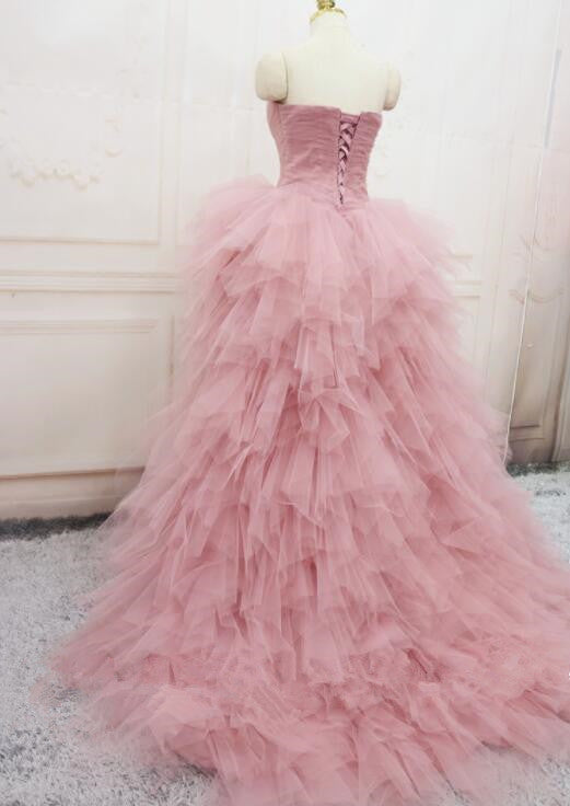 Fashion Pink Tulle Tiered Front Short Long Back Prom dressHi-Lo Evening Party Dress
