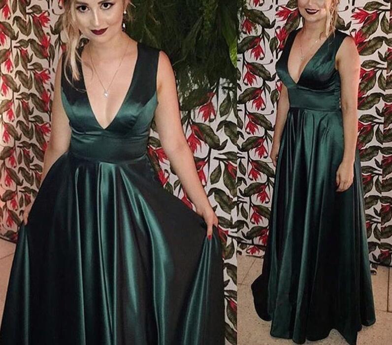 Simple V Neck Dark Green Prom Dress Off the Shoulder Long Evening dress Party Gown