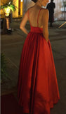Sexy Open Back Spaghetti Straps Red Prom dressV Neck Evening Dress Party Gown