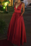 Sexy Open Back Spaghetti Straps Red Prom dressV Neck Evening Dress Party Gown