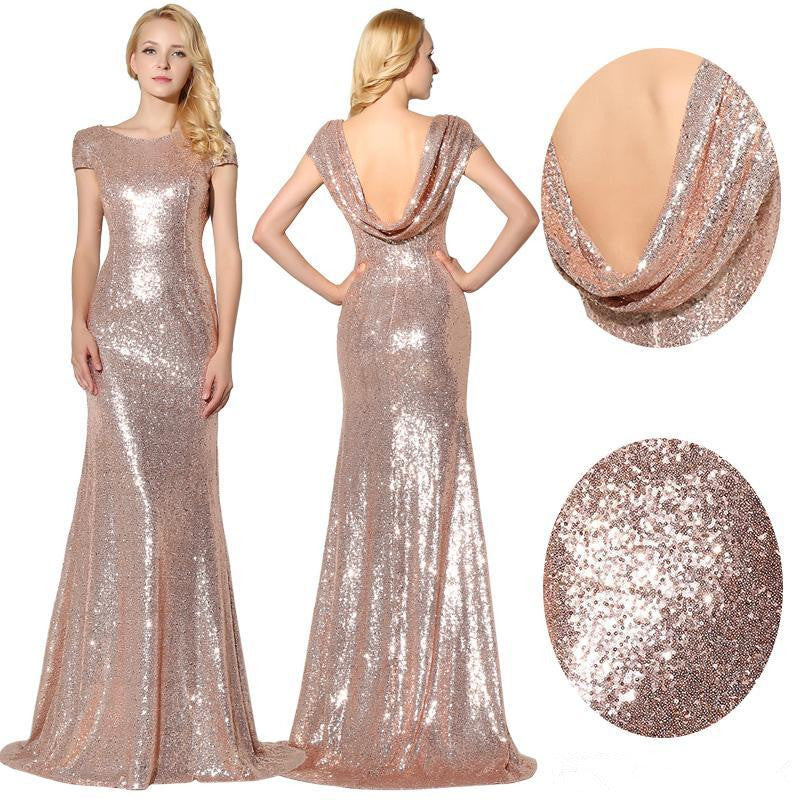 Hot Sales Short Sleeves Rose Gold Sequin Prom dressBackless Mermaid Evening Party Dress