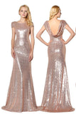 Hot Sales Short Sleeves Rose Gold Sequin Prom dressBackless Mermaid Evening Party Dress