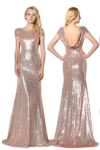 Hot Sales Short Sleeves Rose Gold Sequin Prom dressBackless Mermaid Evening Party Dress