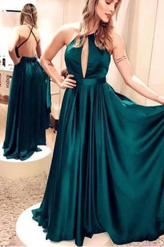 Elegant Open Back Dark Green Prom dressHalter Floor Length Evening Party Dress