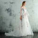 New Arrival Embroidery Trumpet Sleeves Prom dressSexy V Neck Ivory Evening Party Dress