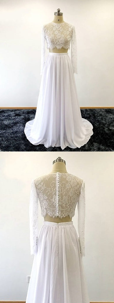 See Through 2 Pieces Long Sleeves Lace Wedding Dresses Bridal Dress