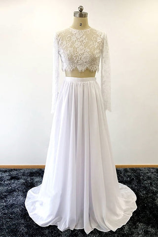 See Through 2 Pieces Long Sleeves Lace Wedding Dresses Bridal Dress