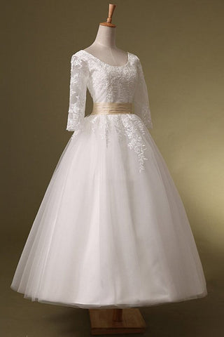 Hot Sales 3/4 Long Sleeves Tea Length Plus Size Wedding dressBall Gown Lace Bridal Dress