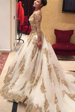 Luxury Gold Lace Long Sleeves Cathedral Train Wedding dressBridal Dress Wedding Gown