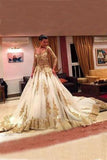 Luxury Gold Lace Long Sleeves Cathedral Train Wedding dressBridal Dress Wedding Gown