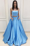 Two Pieces Blue Satin Prom dressWith Pocket Strapless Long Evening Gown Party Dress