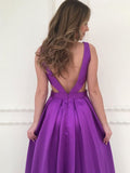 Open Back Purple Off the Shoulder Prom dressV Neck Cheap Evening Party Dress