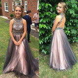 Hot Sales High Neck Rhinestones Backless Prom dressGrey Pink Evening Gown Party Dress