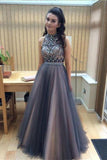 Hot Sales High Neck Rhinestones Backless Prom dressGrey Pink Evening Gown Party Dress