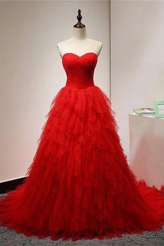 Sweetheart Ball Gown Red Tiered Tulle Prom dressGraduation Dress Party Gowns