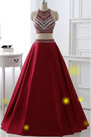 Two Piece Burgundy Prom Dress A Line High Neck Rhinestones Evening dressParty Gowns