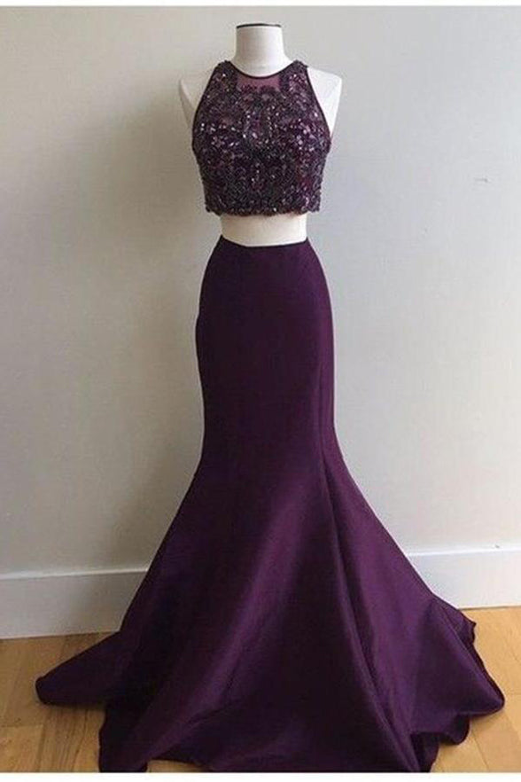 2 Pieces Mermaid High Neck Rhinestones Prom Dresses Evening Dress Party Gown