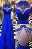 Fashion Royal Blue Backless Prom dressHigh Neck Beaded Evening Dress Party Gowns