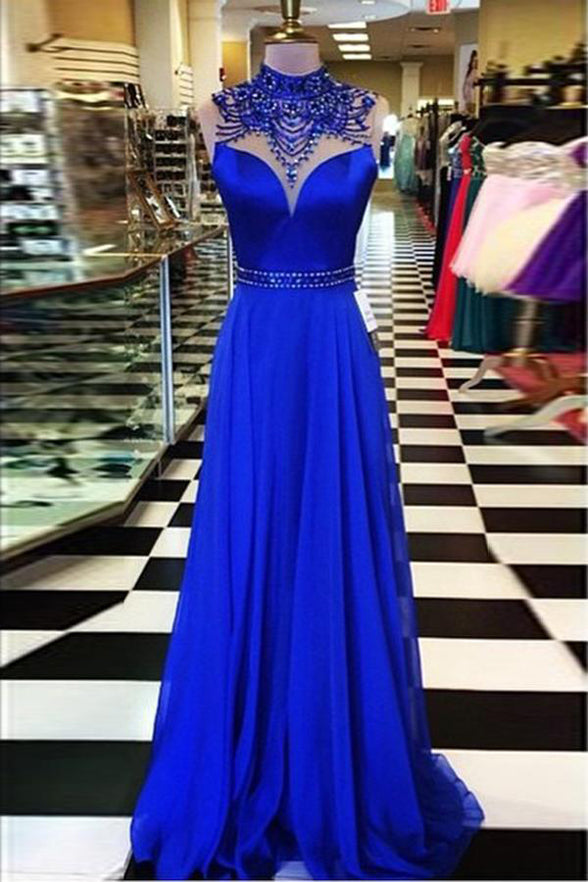 Fashion Royal Blue Backless Prom dressHigh Neck Beaded Evening Dress Party Gowns