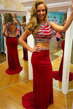 Backless 2 Pieces Red Prom Dress Beads Mermaid Evening dressParty Gown