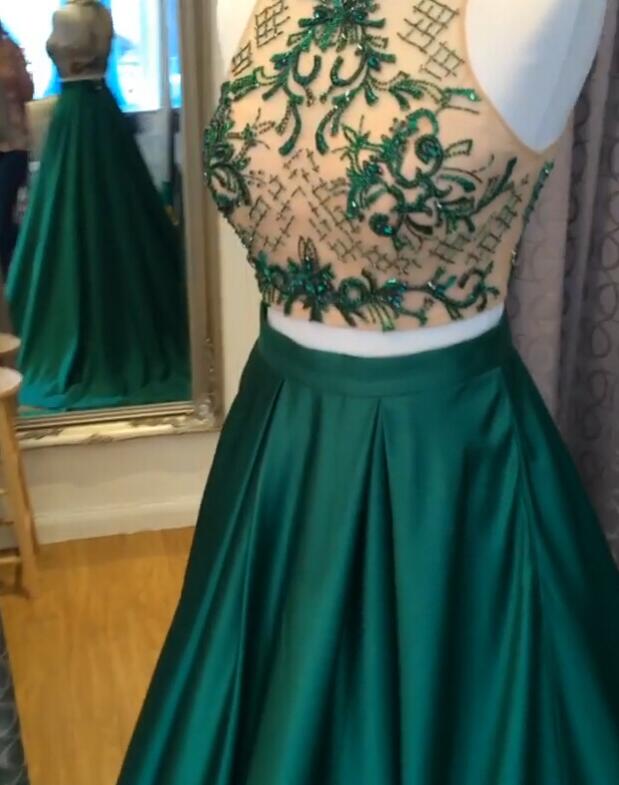 New Arrival 2 Pieces Green Satin Prom dressA Line Long Beads Evening Dress Party Gown