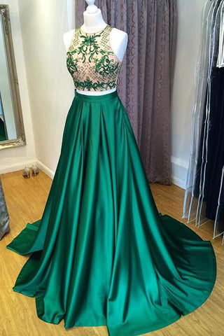 New Arrival 2 Pieces Green Satin Prom dressA Line Long Beads Evening Dress Party Gown