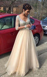 3/4 Sleeves V Neck Crystals Tulle Prom Dresses Evening Dress