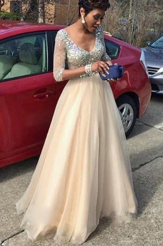 3/4 Sleeves V Neck Crystals Tulle Prom Dresses Evening Dress